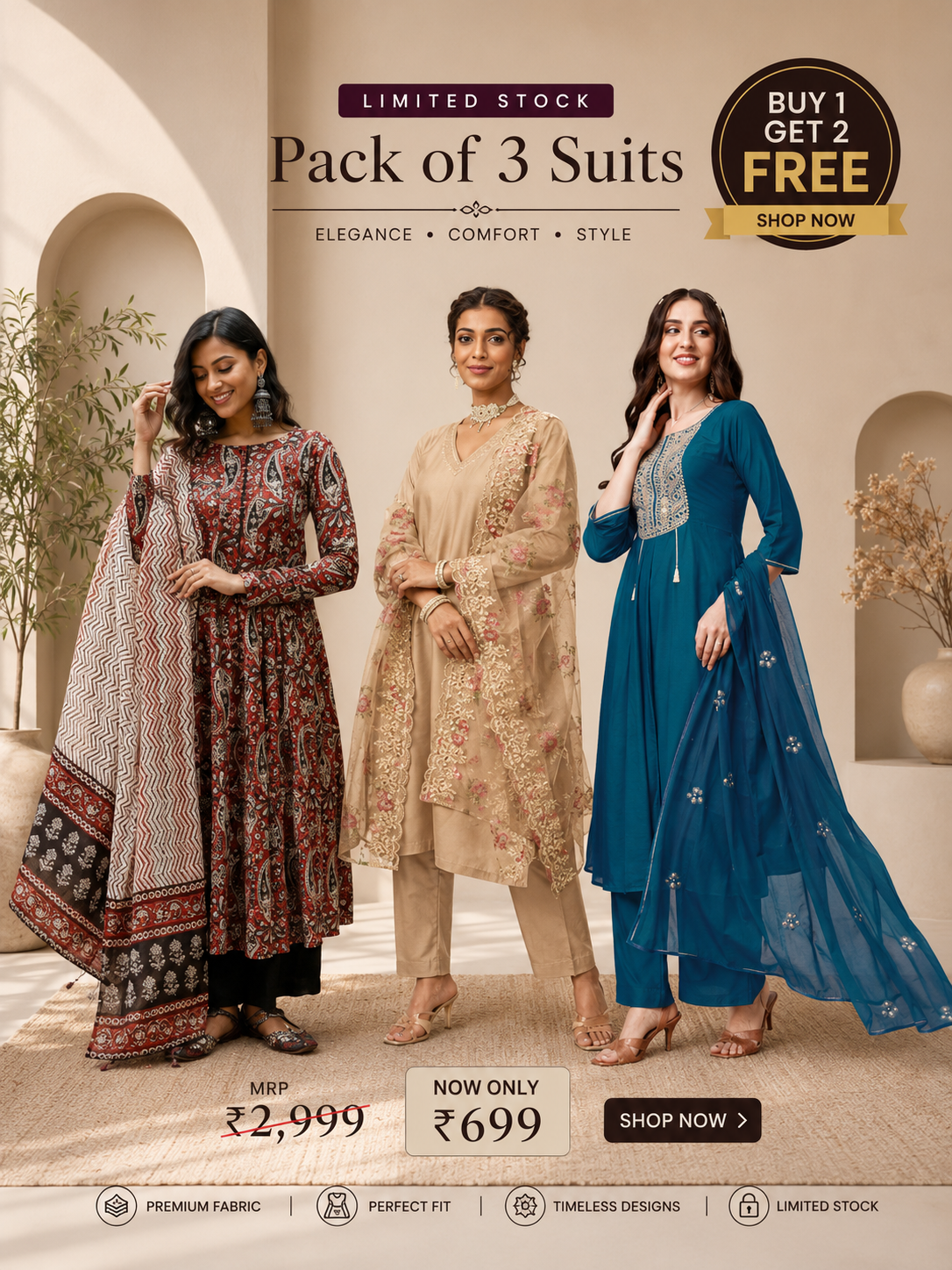 Premium Cotton Blend 3 Piece Ethnic Suit Set for Women